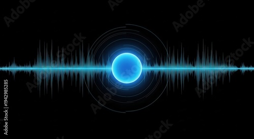 Digital luminous blue waveform pulses across a dark background centered around a glowing sphere