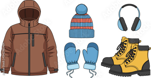 Winter Clothing and Accessories Collection Featuring Hooded Jacket, Knitted Hat, Warm Mittens, Headphones and Boots for Cold Weather Fashion Design