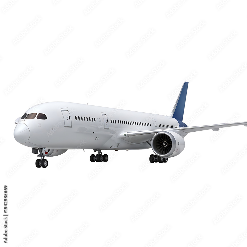 Fototapeta premium A white airplane with blue tail on transparent background
