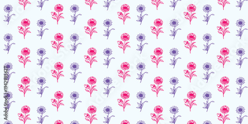 Pink and Purple Flowers Pattern on Light Blue Background floral