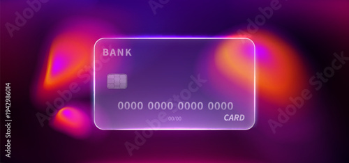 Glass credit card on glowing neon gradient background, abstract vector banner. Futuristic bank payment design with transparent texture, chip and card number