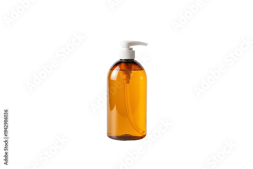 Clear amber pump bottle with transparent orange liquid soap inside