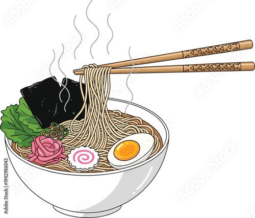 Japanese Ramen Noodle Bowl Vector Illustration with Chopsticks, Egg, Seaweed, Fish Cake and Greens Traditional Asian Food Dish Design
