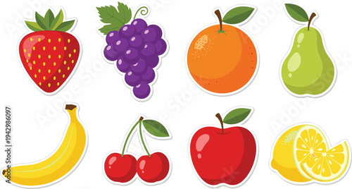 Colorful Fruit Sticker Collection with Strawberry, Grapes, Orange, Pear, Banana, Cherry, Apple and Lemon Cartoon Vector Illustration Set