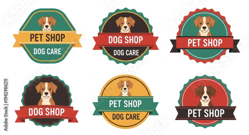 Collection of pet shop and dog care logo designs with cute dog illustrations.
