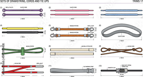 Drawstring cords tie-ups illustration vector fashion garment accessory design graphics, technical closure concept, black and white creative art collection