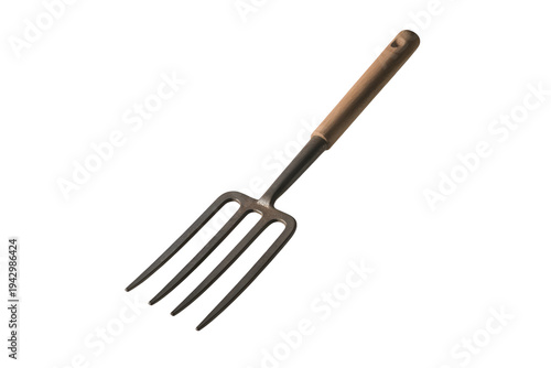 Wooden handled garden cultivator tool with four sharp tines