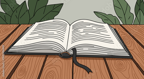 An open book on a wooden table surrounded by lush green leaves, in a minimalist style