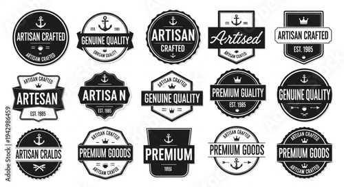 Collection of vintage artisan and premium quality badge designs with anchor and rope details.