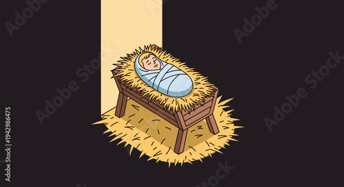 A stylized illustration of a baby in a manger, featuring a modern flat design with a dark background