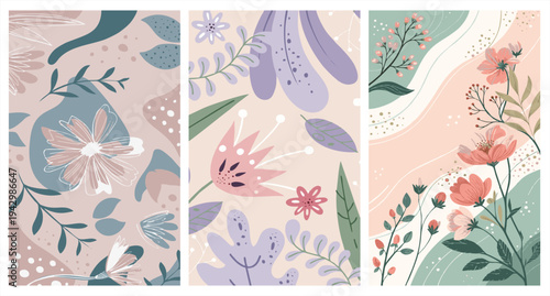 Set of abstract floral backgrounds with hand-drawn flowers and leaves in pastel colors, elegant vertical banners for social media stories and stationery
