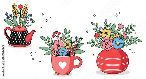 A vibrant collection of floral arrangements in decorative pots and a watering can, featuring a modern flat design