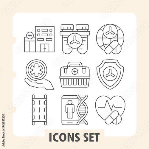 Hospital building, star of life, bed icons, collection illustrating concepts such as laboratory, genetics, medical and healthcare. Set of nine thin line icons on white background.