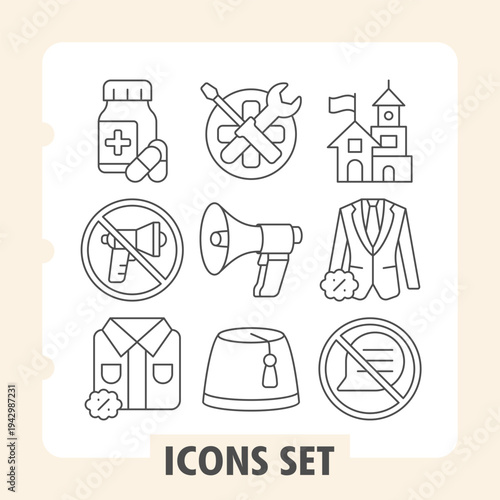 Medication jar, loudspeaker ban, shirt discount icons, collection illustrating concepts such as medicine, maintenance, clothing and regulations. Set of nine thin line icons on white background.
