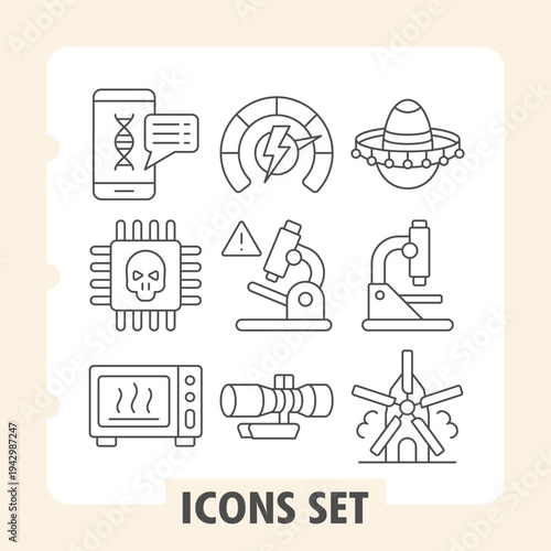 Smartphone dna, microchip, microwave oven icons, collection illustrating concepts such as technology, science, culture and domestic appliances. Set of nine thin line icons on white background.