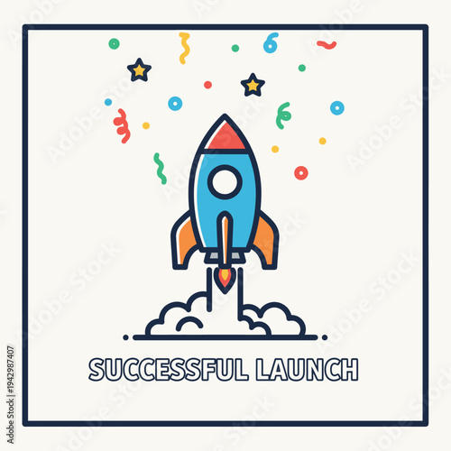 Blue Rocket Launching with Confetti and Stars.