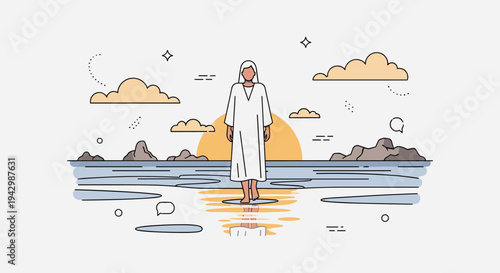 A serene illustration of a figure standing in water, featuring a minimalist style with soft colors and natural elements