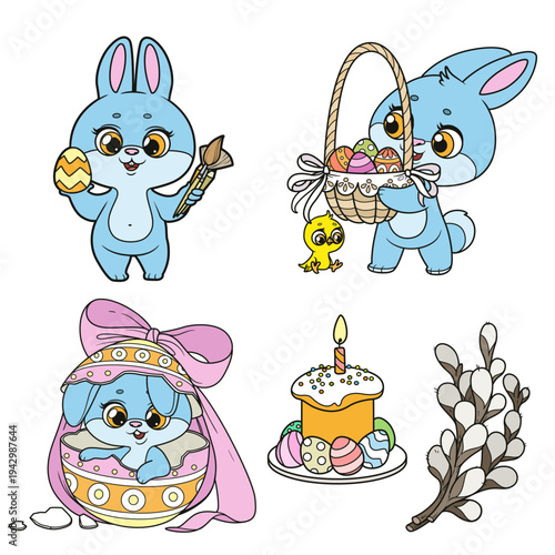 Set of Easter bunnies, eggs and Easter cake and a little chicken sits nearby color variation  for coloring
