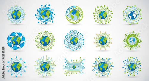 Collection of Earth Logos with Abstract Designs and Green Energy Concepts.