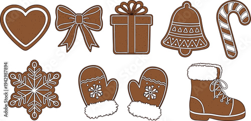 Christmas Gingerbread Cookie Icon Set with Heart, Bow, Gift Box, Bell, Candy Cane, Snowflake, Mittens and Winter Boot Festive Vector Illustration