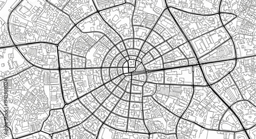 Detailed City Map Illustration with Radial Street Layout.