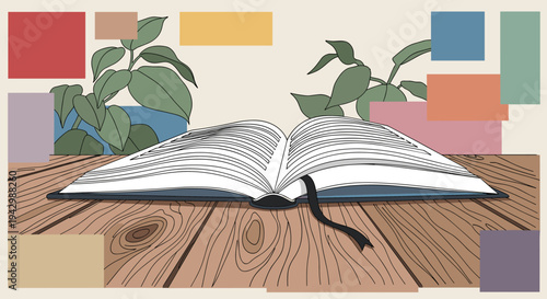 An open book resting on a wooden table surrounded by colorful abstract shapes and green leaves, in a modern style