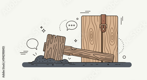 A wooden mallet and a block resting on a surface, illustrated in a minimalist style, perfect for creative projects