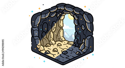 A stylized cave entrance illustration featuring rocky walls and a sandy floor in a flat design style
