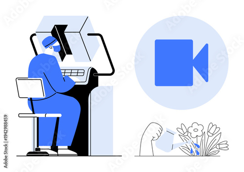 Digital learning, remote working, nature preservation, creative innovation, online interaction, and futuristic design. Person working on a computer and video call icon. Remote working and digital