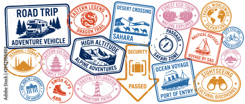 Vintage world travel passport stamp collection with road trip adventure safari ocean voyage alpine trekking and international destination markings