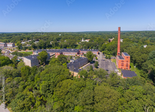 Slatersville Mills building aerial view in historic village of Slatersville, town of North Smithfield, Rhode Island RI, USA. 