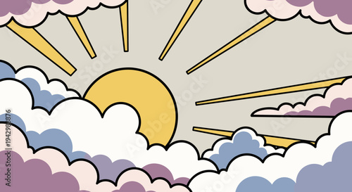 A vibrant illustration of a sun rising above stylized clouds, featuring a modern flat design style