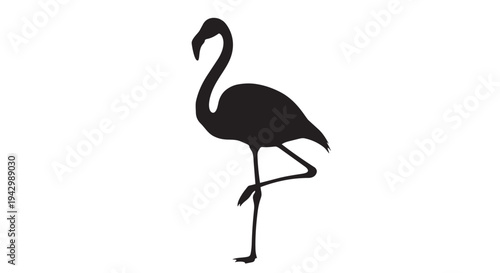 Flamingo silhouette stands on one leg against a stark white background, suitable for logo design.