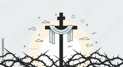 A stylized cross surrounded by thorny branches, illustrated in a modern flat design, suitable for religious themes