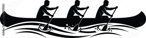 Canoe team paddling silhouette, three athletes rowing boat on river water, teamwork outdoor sport adventure vector illustration design