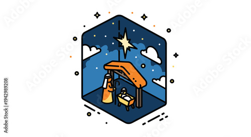 A whimsical nativity scene featuring a stable, star, and figures in a modern flat style, perfect for holiday designs