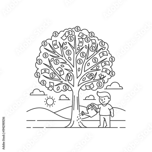 Boy watering money tree with dollar bills and coins.