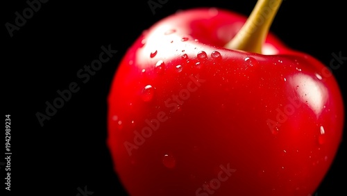 Extreme close-up of a ripe cherry with water droplets, emphasizing vibrant red color.
