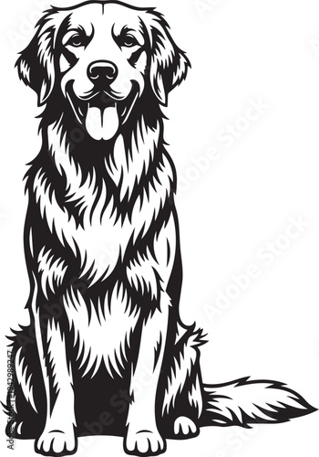 A black and white drawing of a happy dog isolated on transparent background, Vector