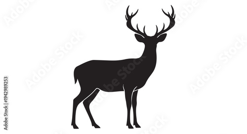 A mature stag with large antlers stands facing forward, rendered as a solid black silhouette on a white background.