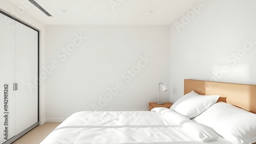 A corner of a modern minimalist bedroom featuring a bed and nightstand, bathed in soft natural ambient light.
