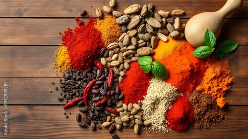 Colorful spices arranged artistically on a rustic wooden table.
