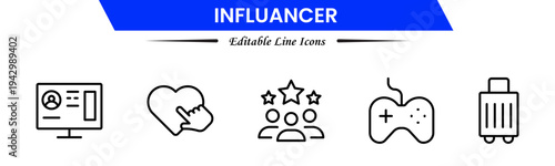 Influencer icons depicting social media creators, followers, engagement, branding, promotion, livestreams, content creation, audience growth, networking, trends, visibility, marketing, and online infl