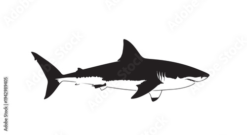 A stylized black and white graphic depiction of a great white shark swims horizontally across a plain background.