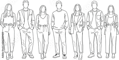 Line art illustration of diverse young men and women wearing stylish casual office clothes standing in a row for coloring