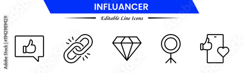 Influencer icons depicting social media creators, followers, engagement, branding, promotion, livestreams, content creation, audience growth, networking, trends, visibility, marketing, and online infl
