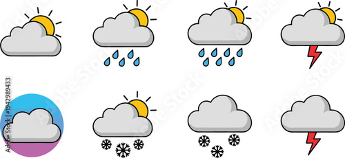 Weather Forecast Icon Set with Cloud, Sun, Rain, Snow and Thunderstorm Symbols for Mobile Apps, Websites, Climate Reports and UI Design