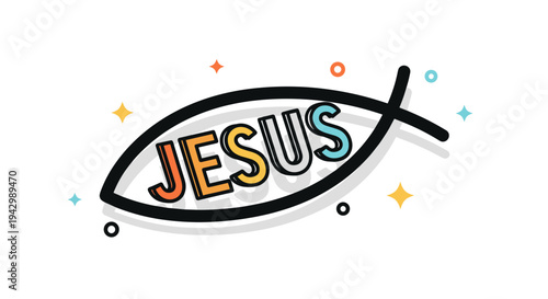 A modern illustration of the Christian fish symbol featuring the word 'JESUS' in a colorful and playful style