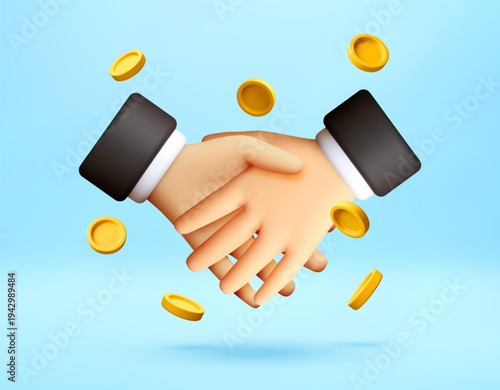 3D Businessman handshake with falling gold coins. Business deal, partnership and success concept. 3d vector of financial profit, corporate agreement and investment growth. Vector illustration