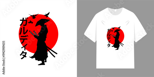 Japanese-style samurai typography t-shirt. Illustration of a samurai carrying a sword, a symbol of heroism. Ready to print for posters, clothing, jackets, and more.